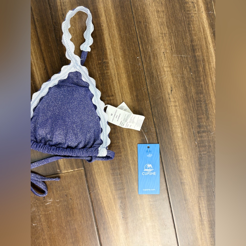 NWT Sz M TOP Dazzling Triangle Navy Blue and White Scalloped Bikini - Picture 6 of 11